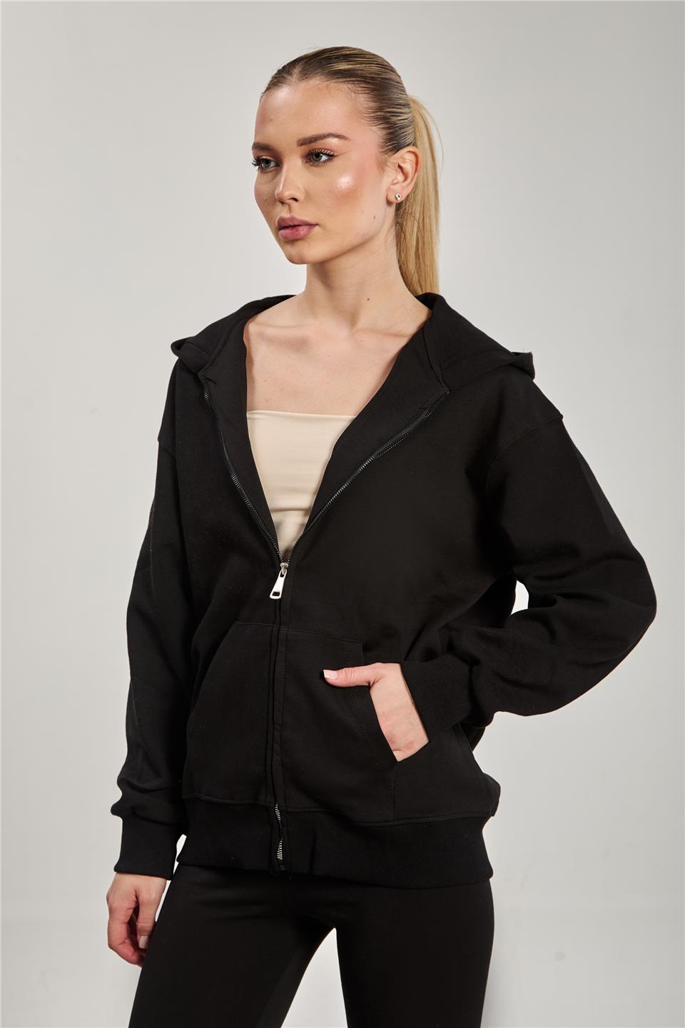 Kadın Kapüşonlu Fermuarlı Kanguru Cepli Sweatshirt - Siyah