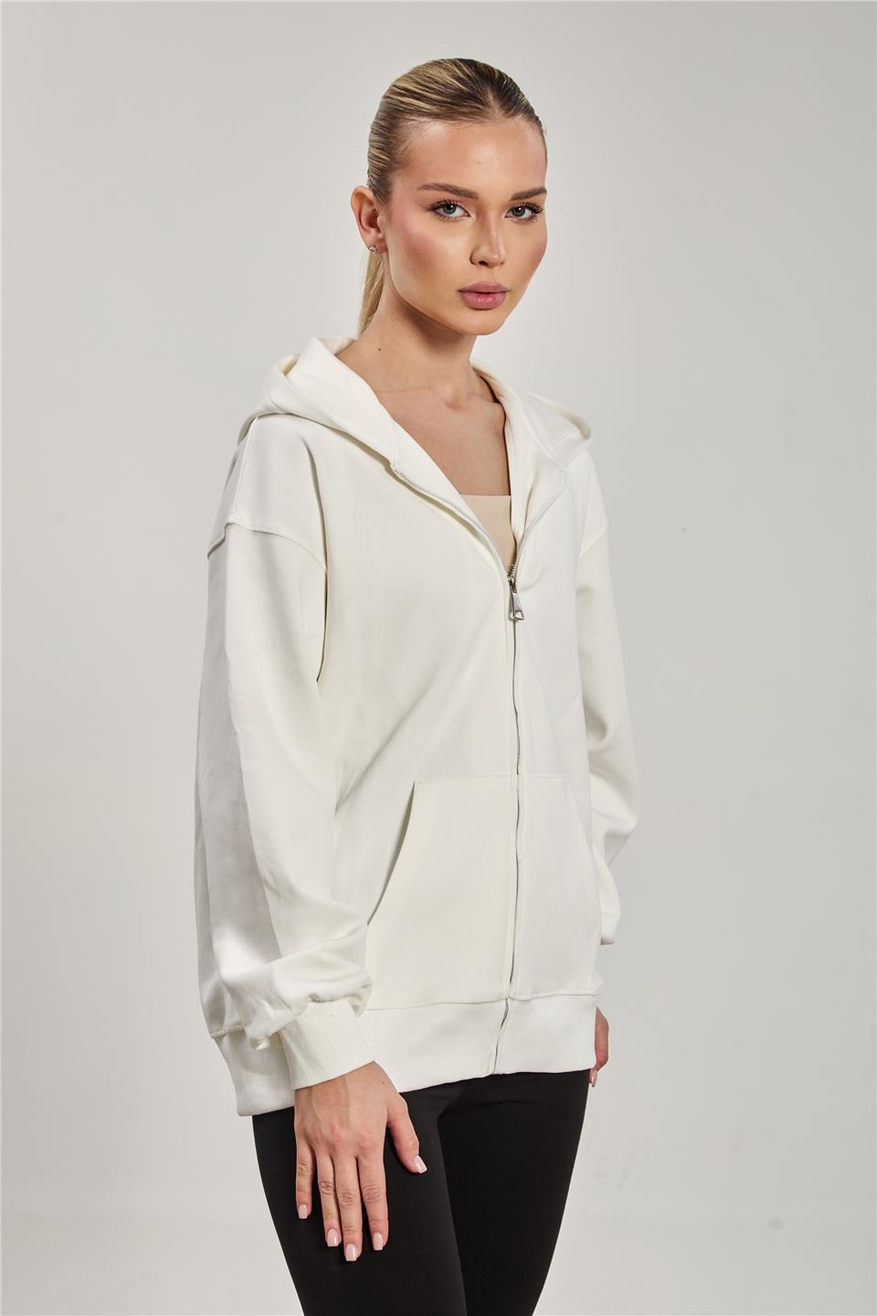Kadın Kapüşonlu Fermuarlı Kanguru Cepli Sweatshirt - Ekru