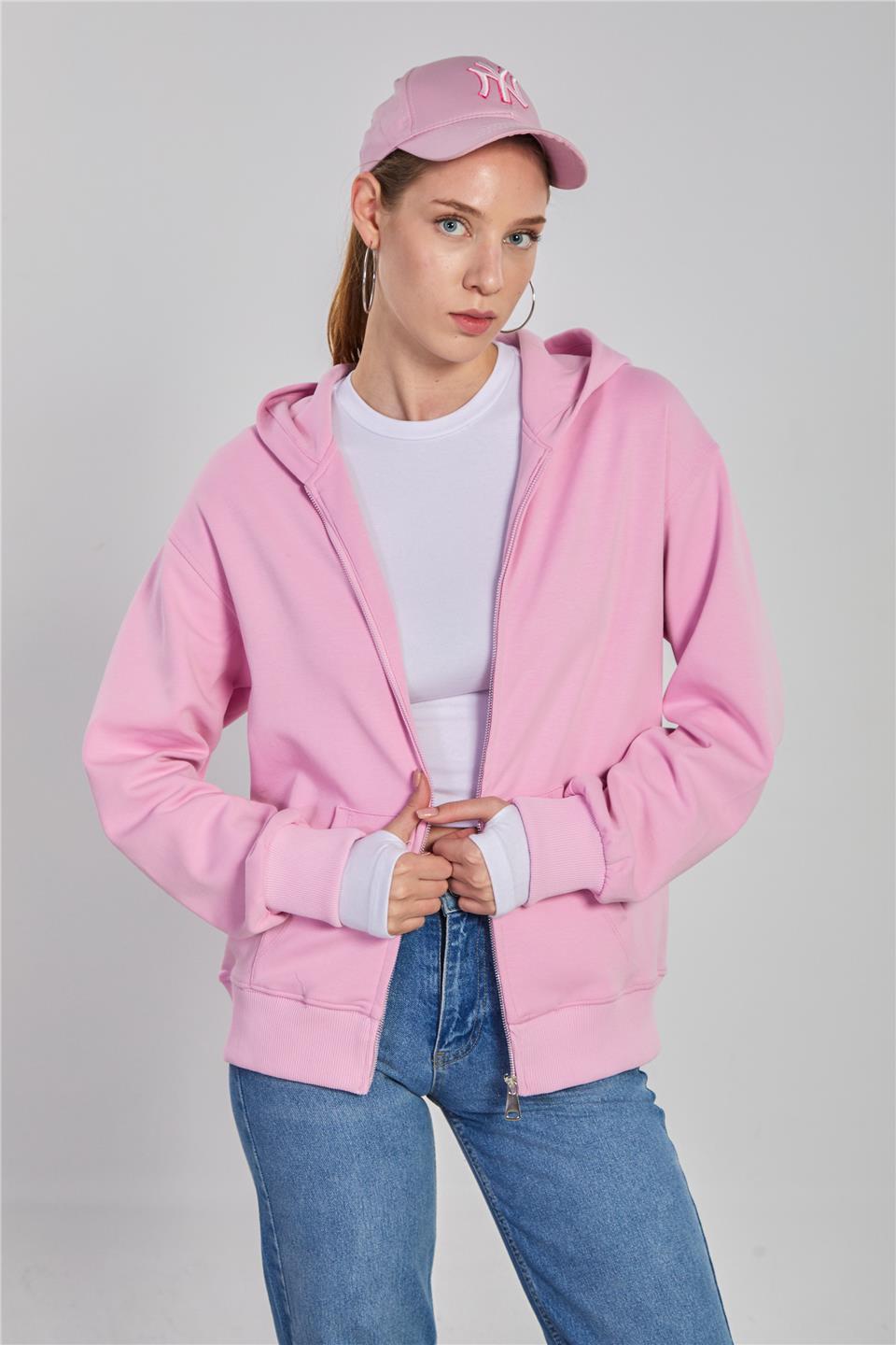 Kadın Kapüşonlu Fermuarlı Kanguru Cepli Sweatshirt - Pembe