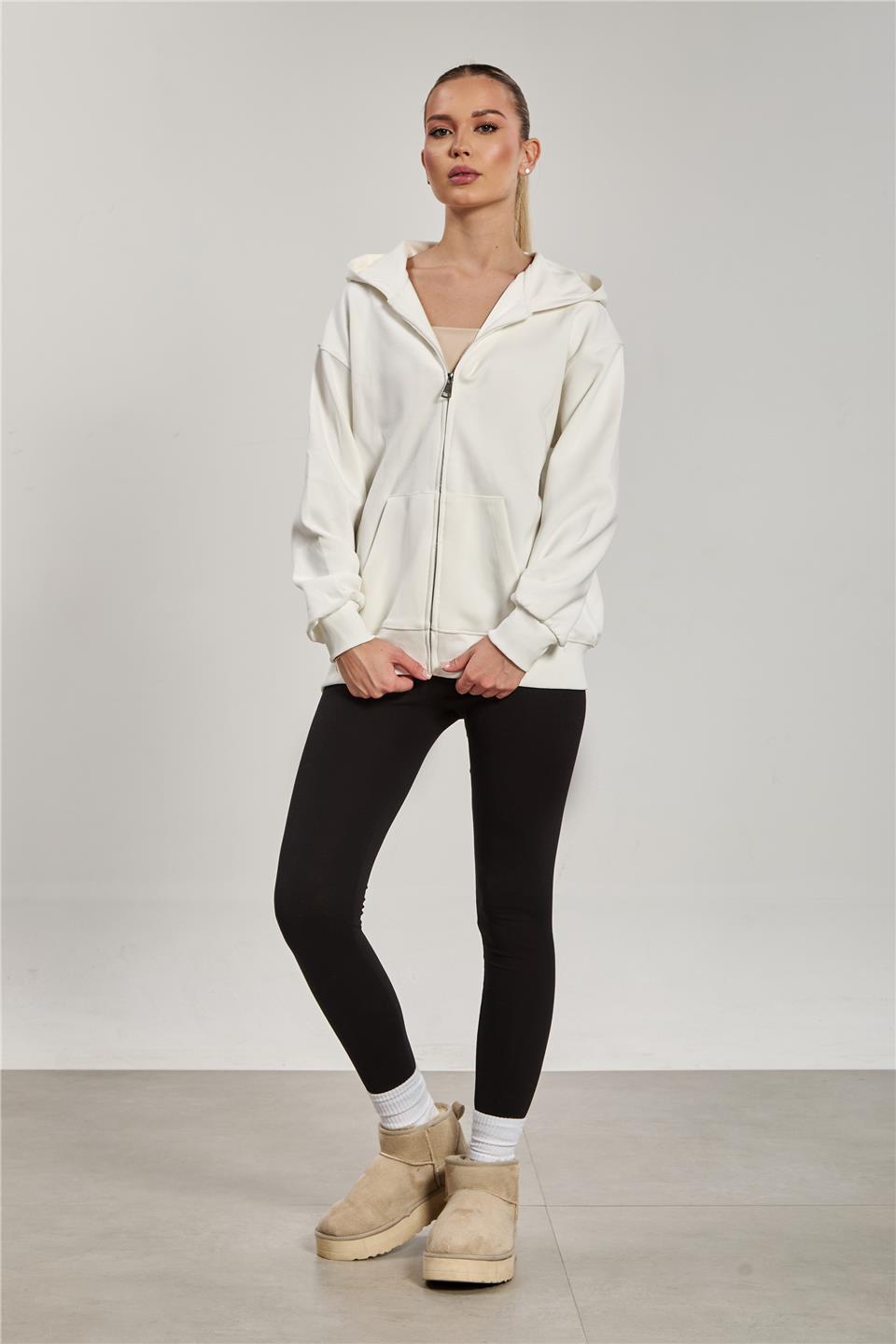 Kadın Kapüşonlu Fermuarlı Kanguru Cepli Sweatshirt - Ekru