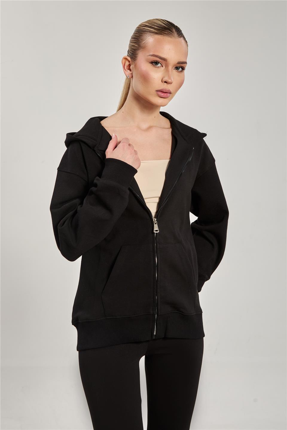Kadın Kapüşonlu Fermuarlı Kanguru Cepli Sweatshirt - Siyah