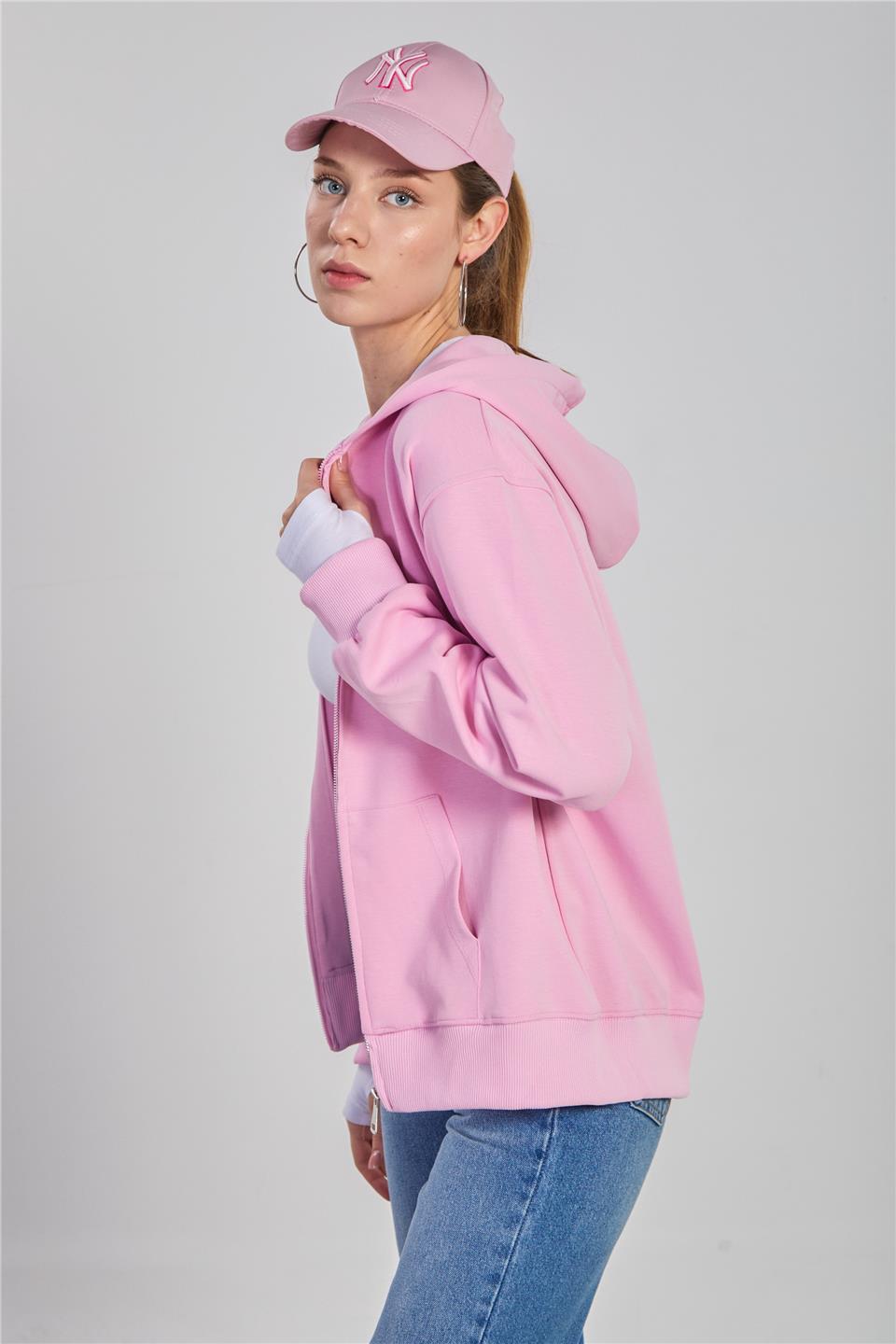 Kadın Kapüşonlu Fermuarlı Kanguru Cepli Sweatshirt - Pembe
