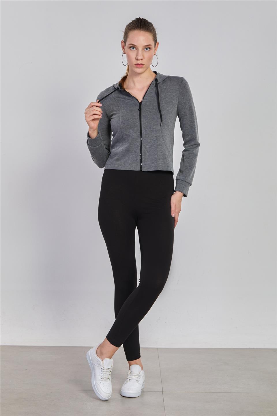 Kadın Kapüşonlu Fermuarlı Modal Sweatshirt -  Kar Melanj