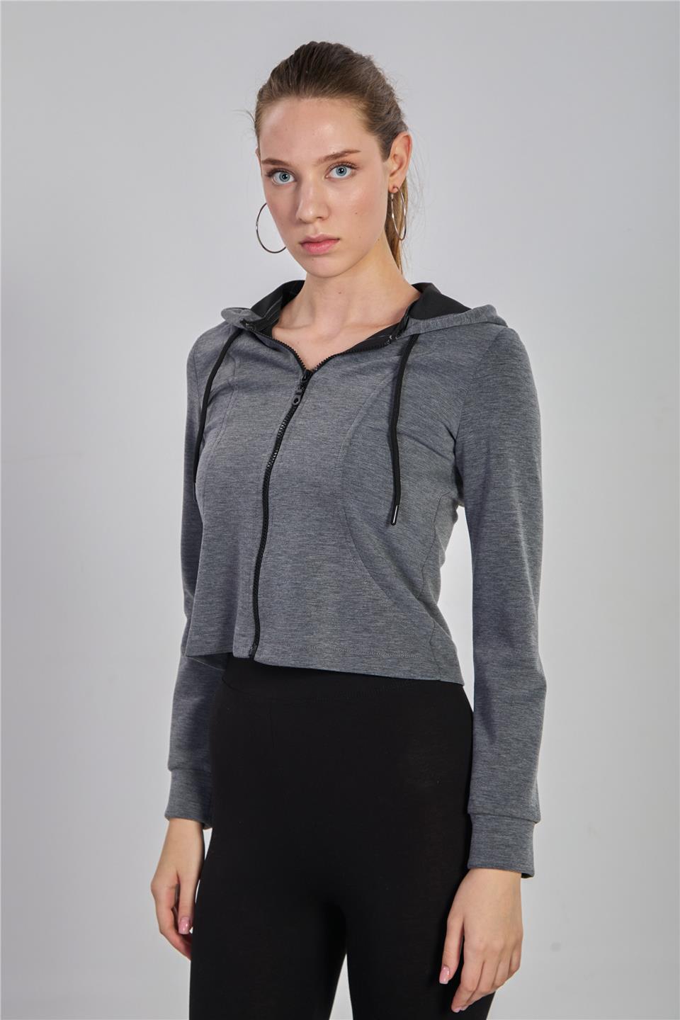 Kadın Kapüşonlu Fermuarlı Modal Sweatshirt -  Kar Melanj