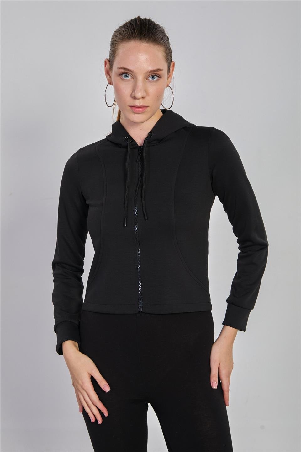 Kadın Kapüşonlu Fermuarlı Modal Sweatshirt - Siyah