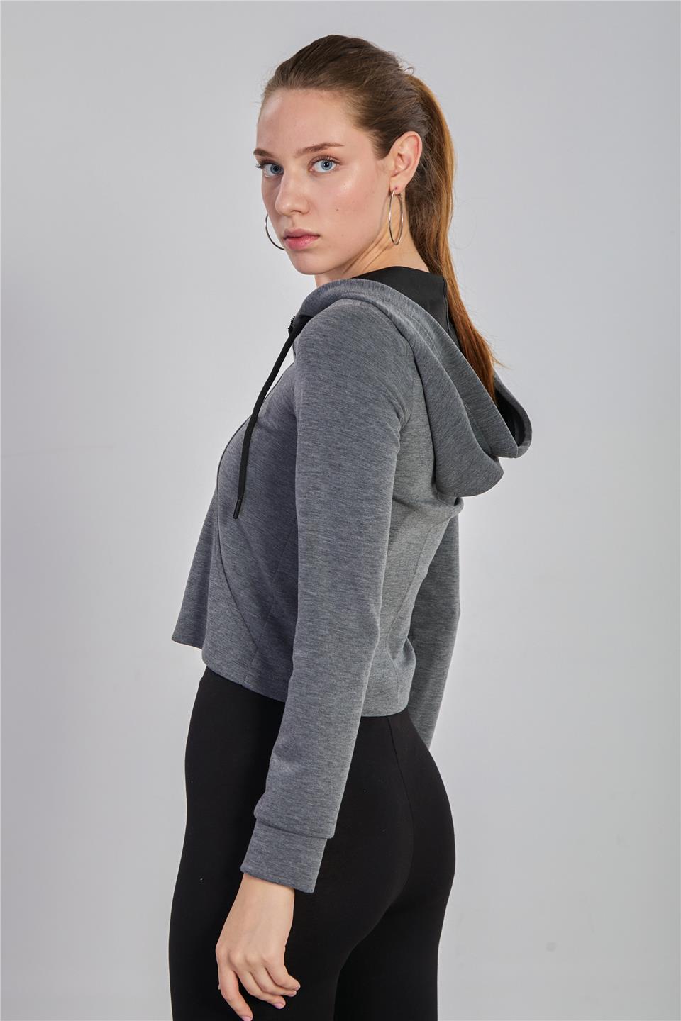 Kadın Kapüşonlu Fermuarlı Modal Sweatshirt -  Kar Melanj