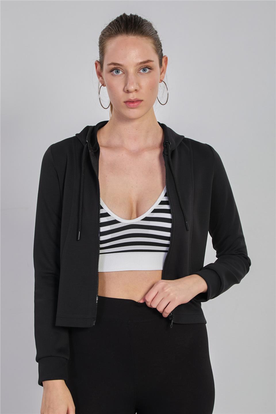 Kadın Kapüşonlu Fermuarlı Modal Sweatshirt - Siyah