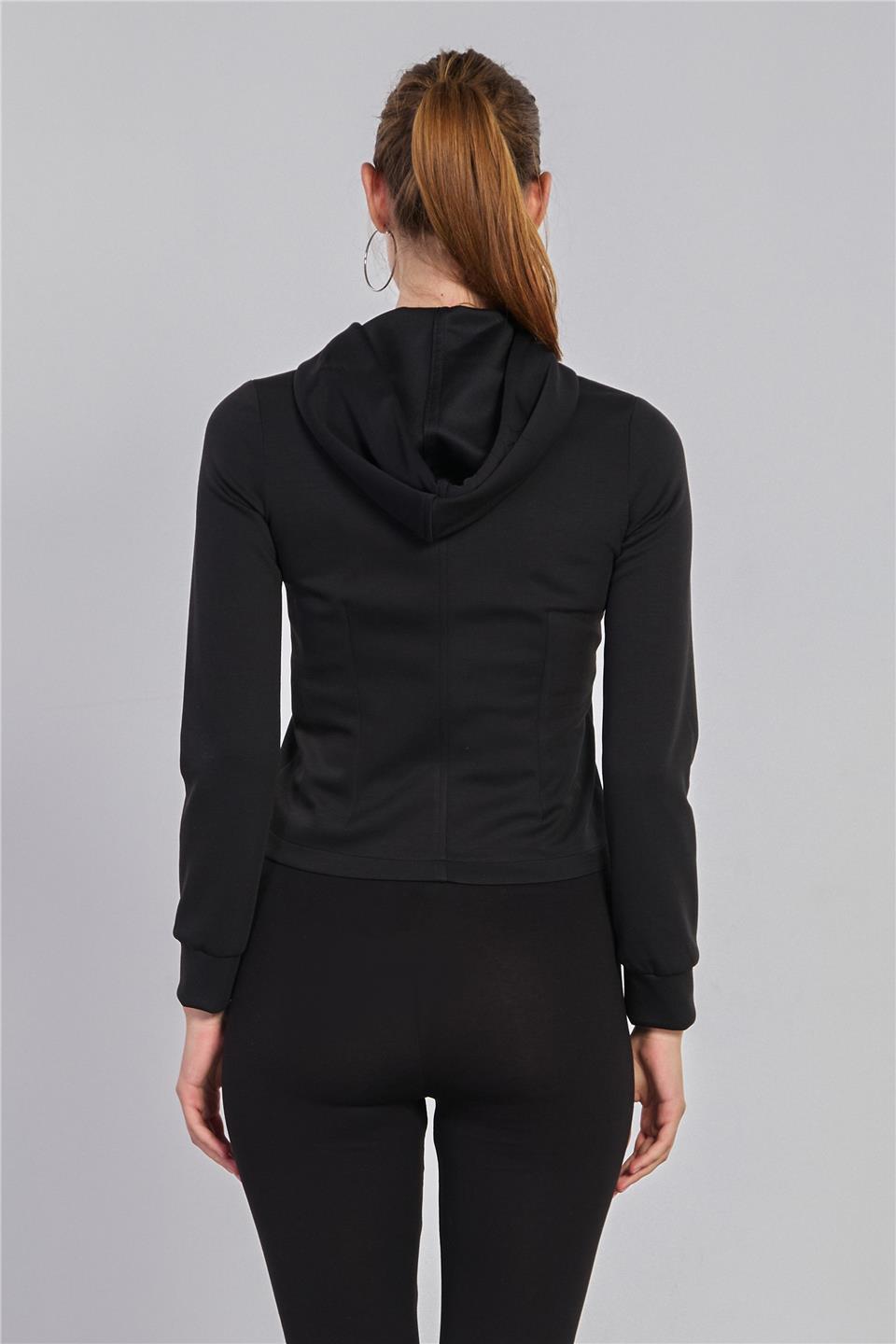 Kadın Kapüşonlu Fermuarlı Modal Sweatshirt - Siyah