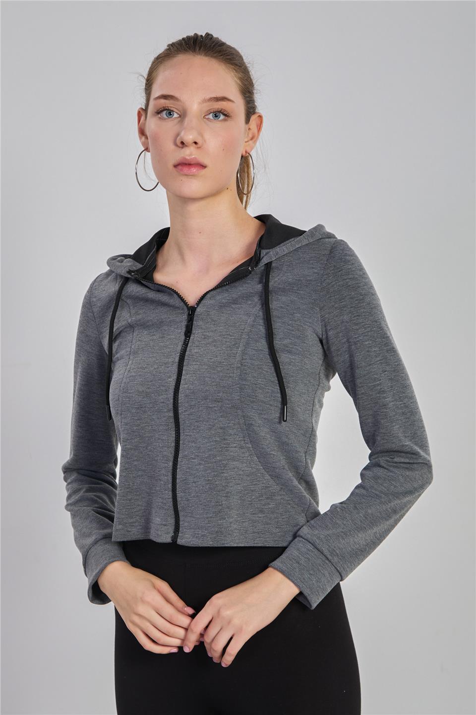 Kadın Kapüşonlu Fermuarlı Modal Sweatshirt -  Kar Melanj