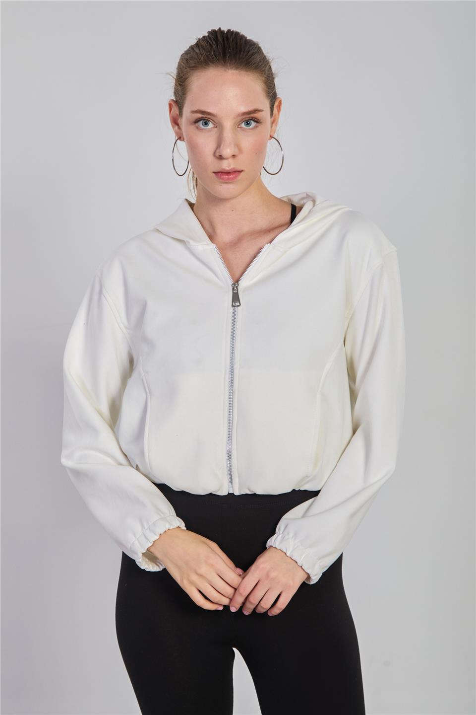 Kadın Kapüşonlu Fermuarlı Sweatshirt - Ekru