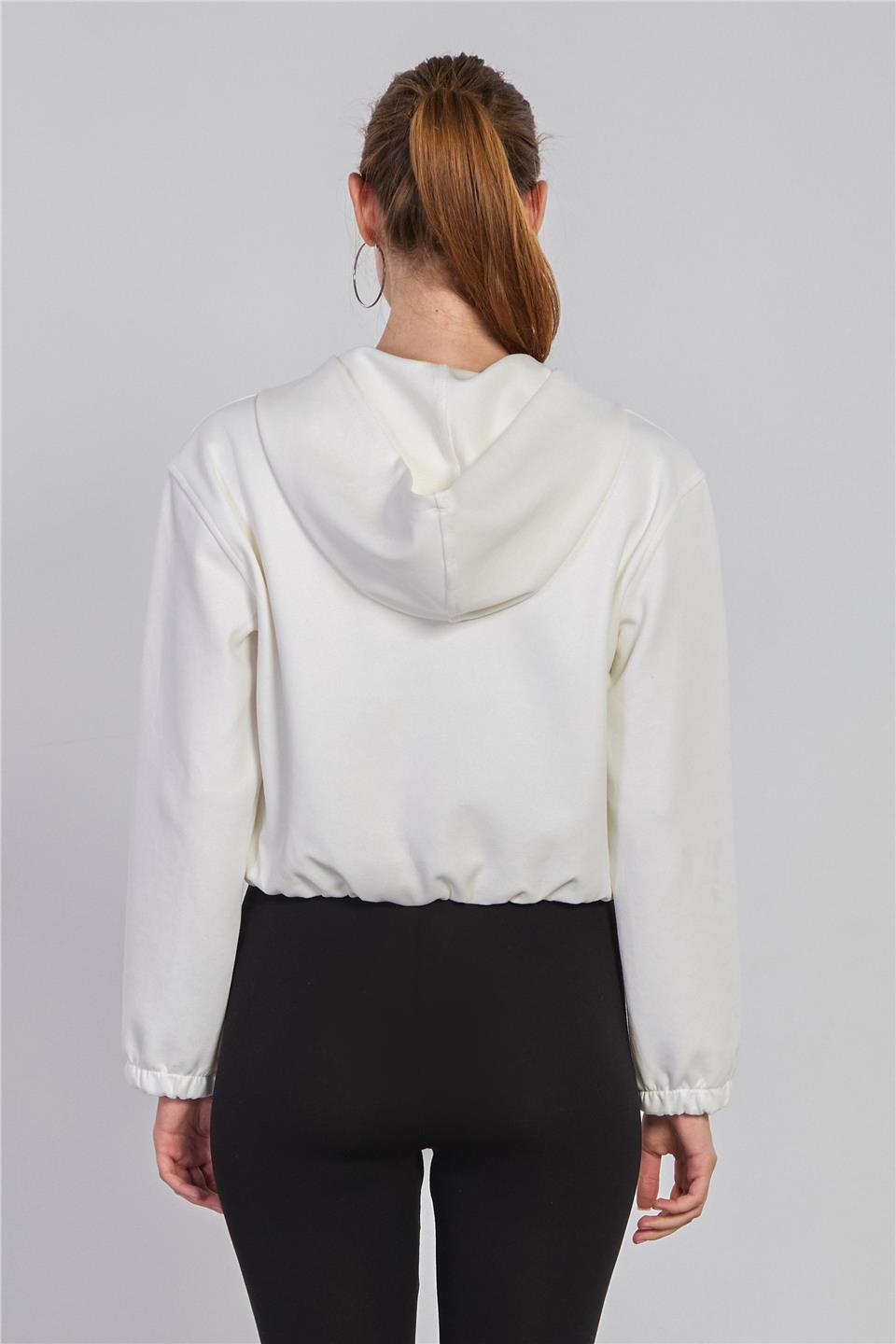Kadın Kapüşonlu Fermuarlı Sweatshirt - Ekru