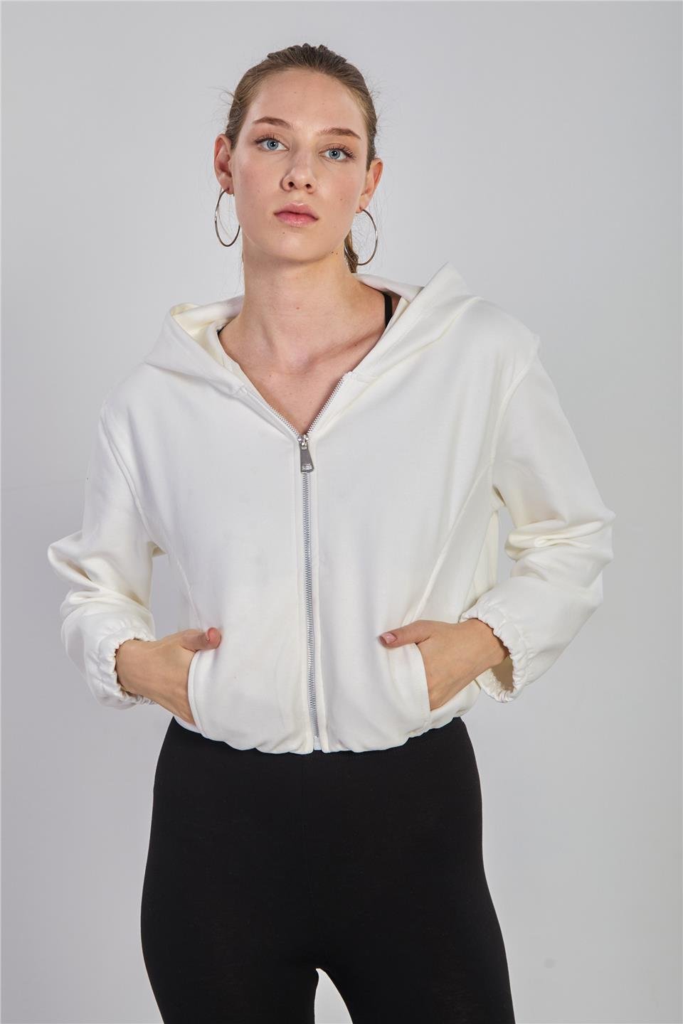 Kadın Kapüşonlu Fermuarlı Sweatshirt - Ekru