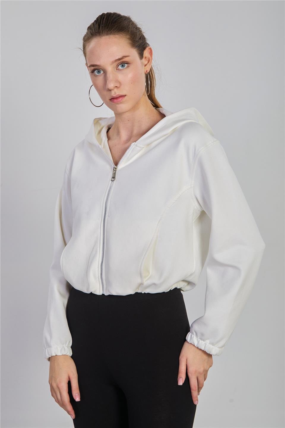 Kadın Kapüşonlu Fermuarlı Sweatshirt - Ekru