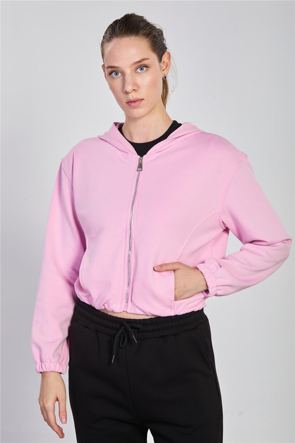 Kadın Kapüşonlu Fermuarlı Sweatshirt - Pembe