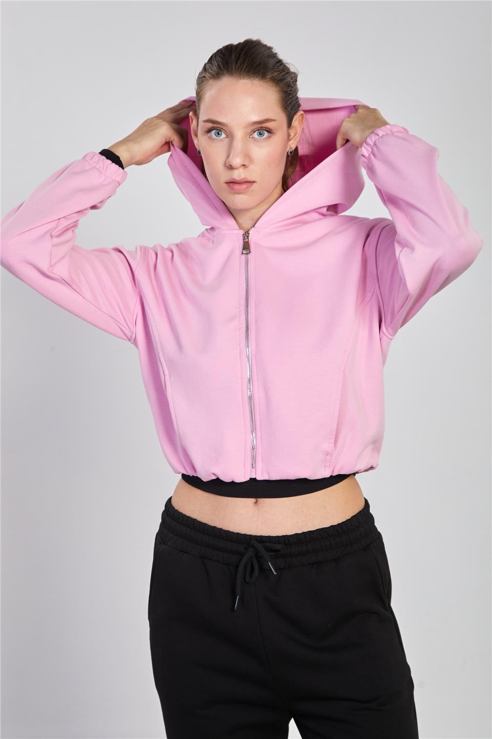 Kadın Kapüşonlu Fermuarlı Sweatshirt - Pembe