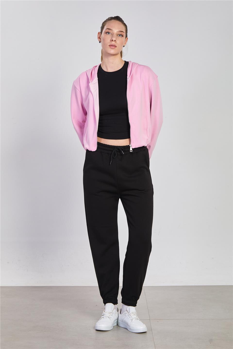 Kadın Kapüşonlu Fermuarlı Sweatshirt - Pembe