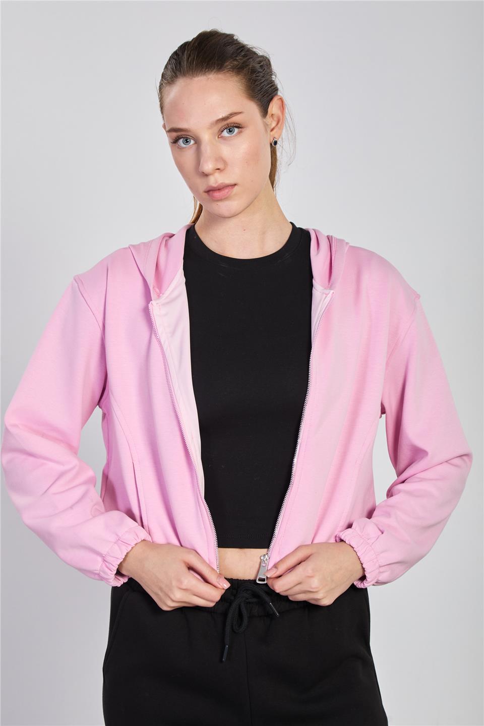 Kadın Kapüşonlu Fermuarlı Sweatshirt - Pembe