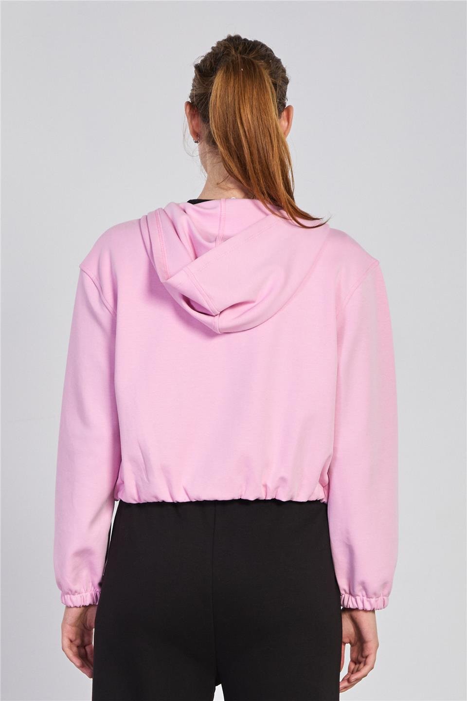 Kadın Kapüşonlu Fermuarlı Sweatshirt - Pembe