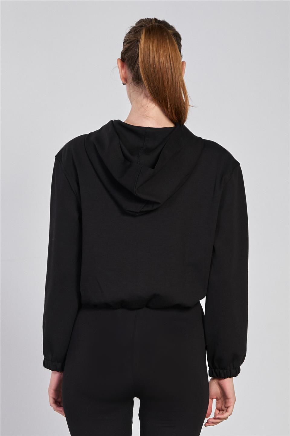 Kadın Kapüşonlu Fermuarlı Sweatshirt - Siyah