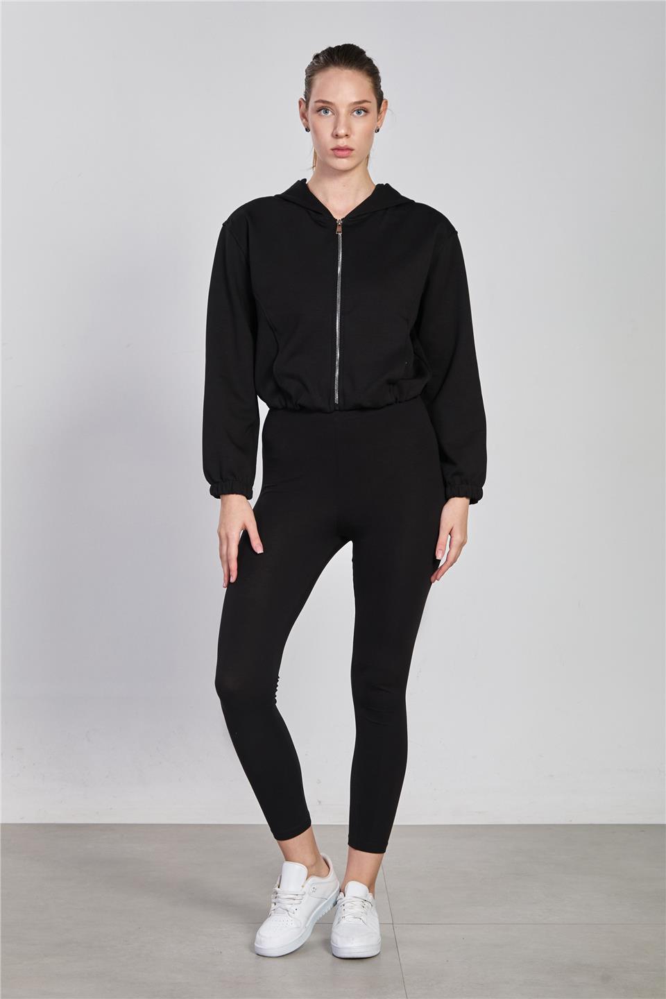 Kadın Kapüşonlu Fermuarlı Sweatshirt - Siyah