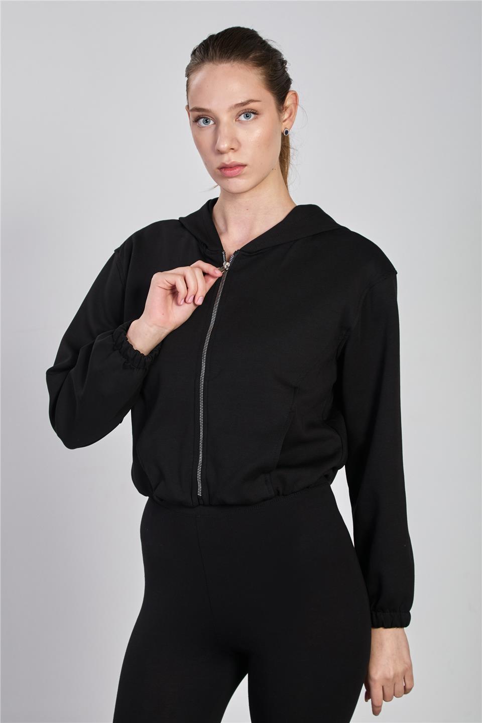 Kadın Kapüşonlu Fermuarlı Sweatshirt - Siyah