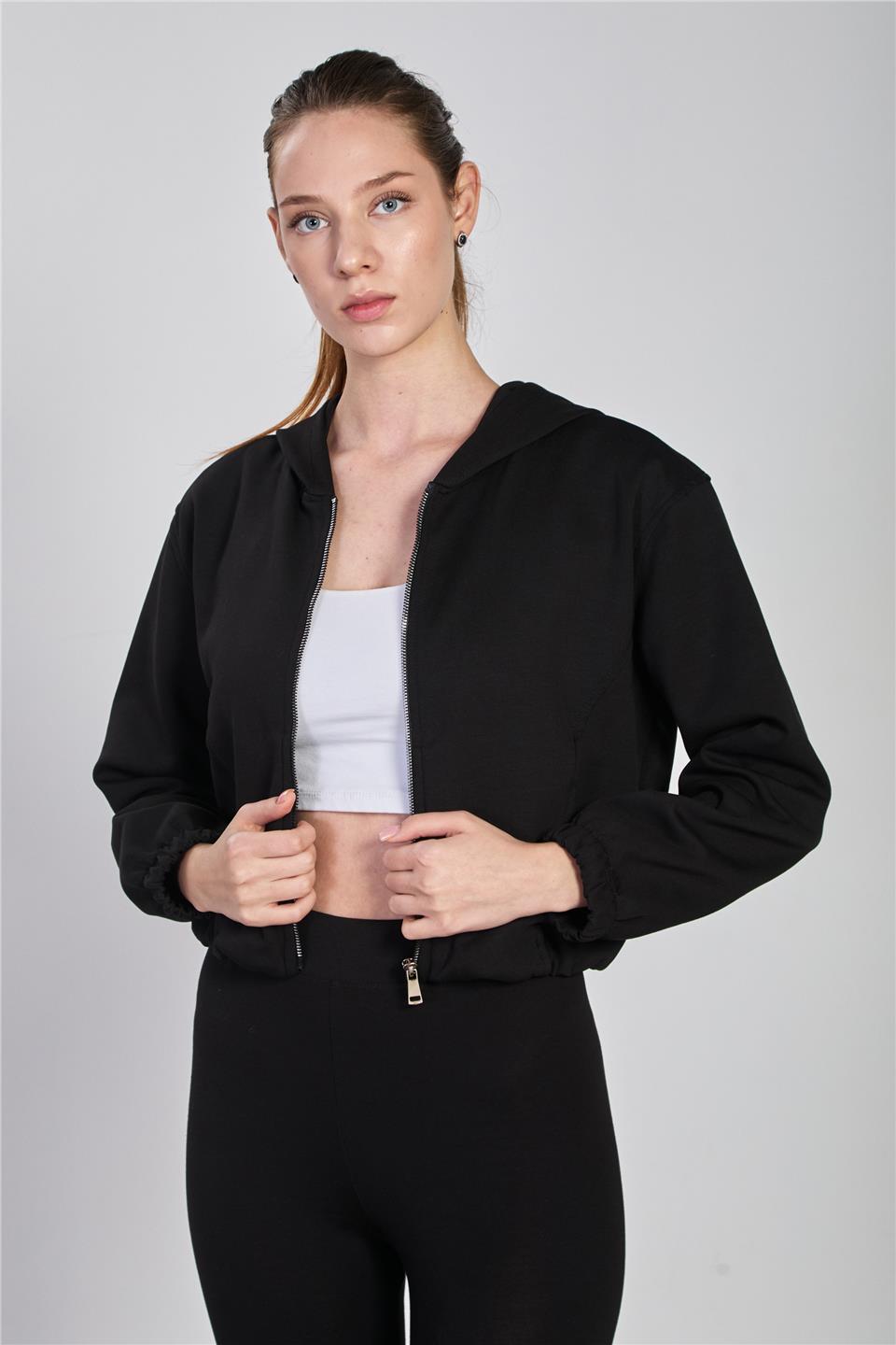 Kadın Kapüşonlu Fermuarlı Sweatshirt - Siyah
