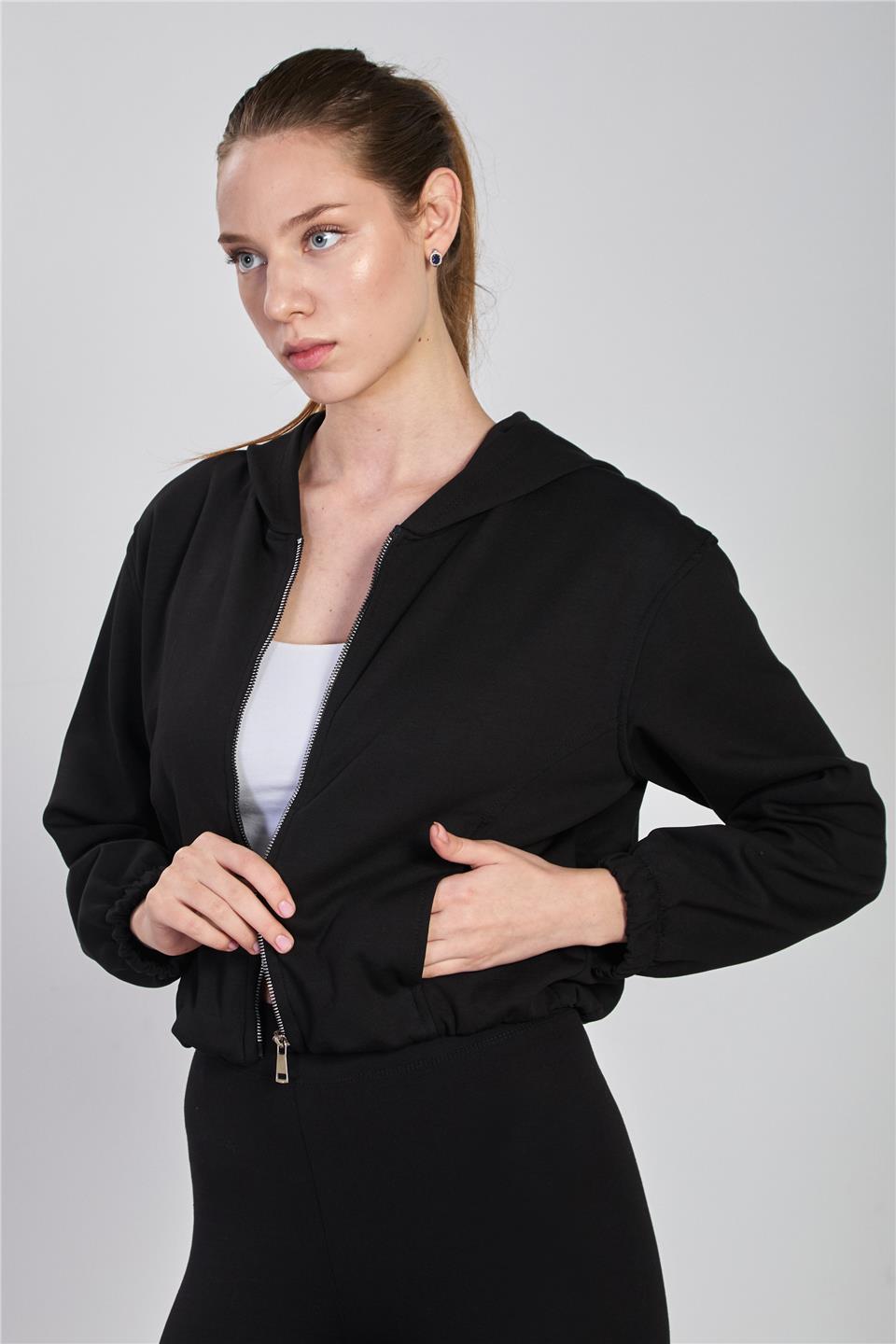 Kadın Kapüşonlu Fermuarlı Sweatshirt - Siyah