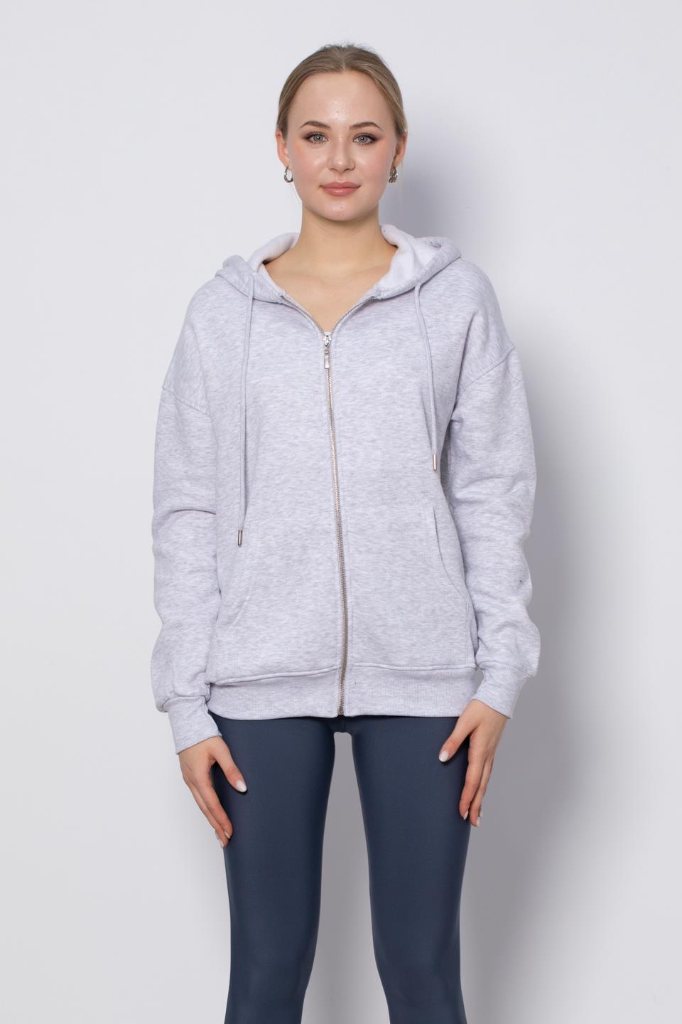 Kapüşonlu Fermuarlı Sweatshirt - Kar Melanj