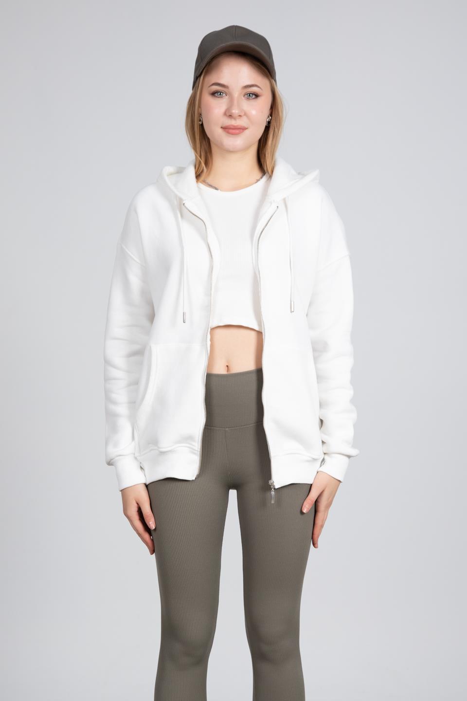 Kapüşonlu Fermuarlı Sweatshirt - Ekru