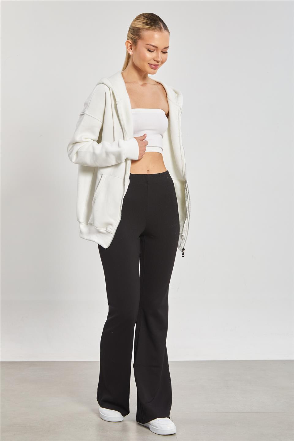 Kapüşonlu Fermuarlı Kadın Sweatshirt - Ekru