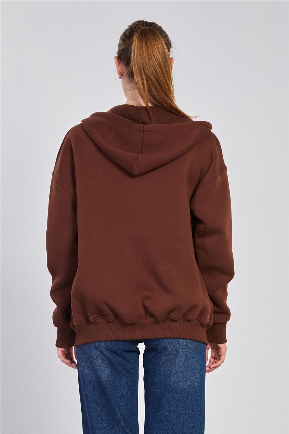 Kadın Kapüşonlu Fermuarlı Sweatshirt - Kahve