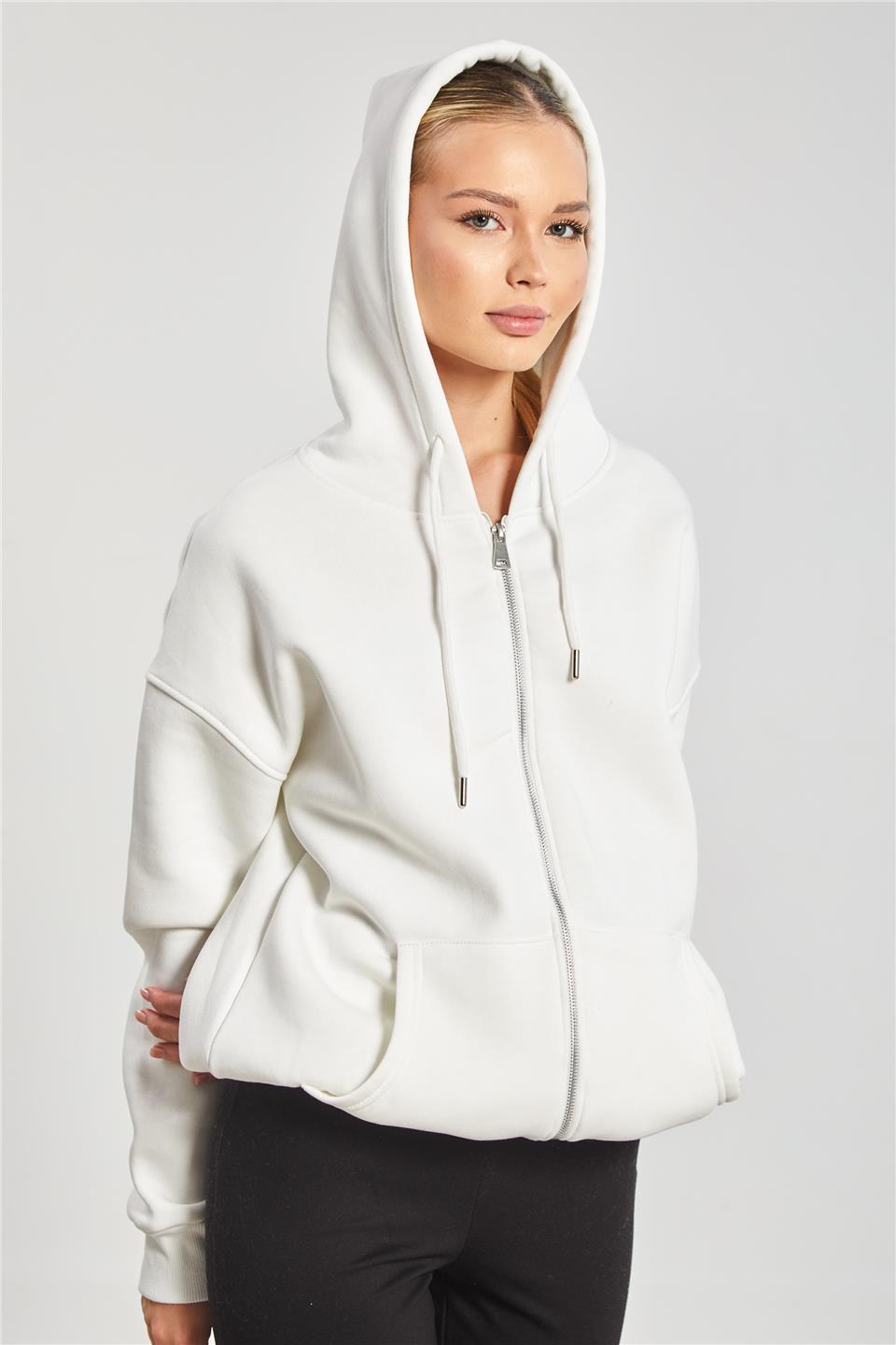 Kapüşonlu Fermuarlı Kadın Sweatshirt - Ekru
