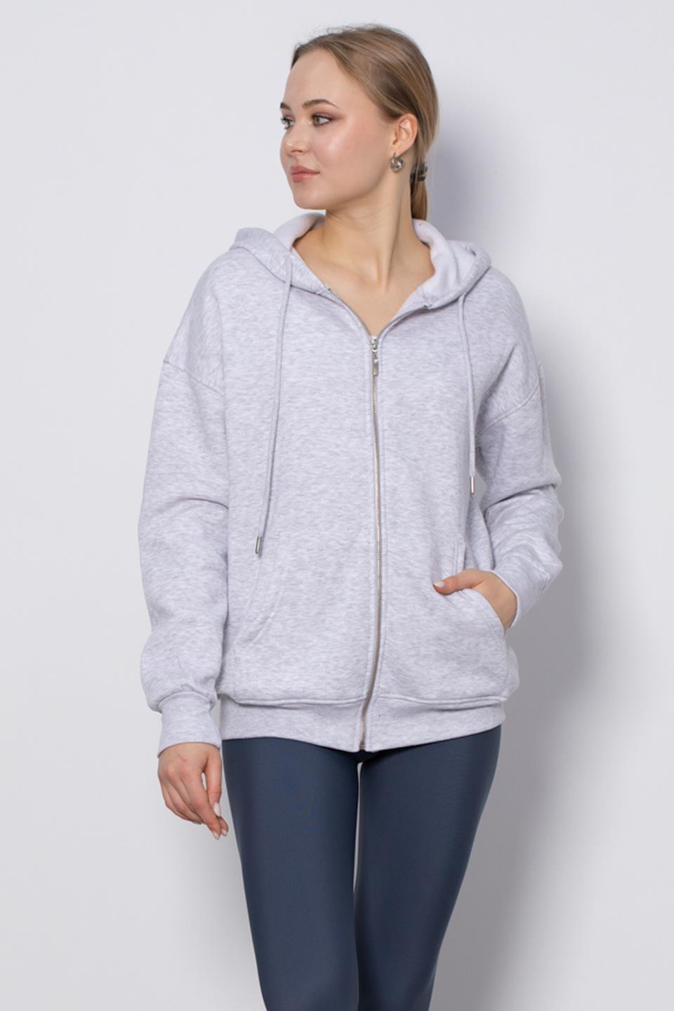 Kapüşonlu Fermuarlı Sweatshirt - Kar Melanj