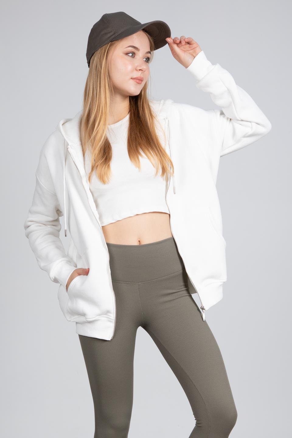 Kapüşonlu Fermuarlı Sweatshirt - Ekru