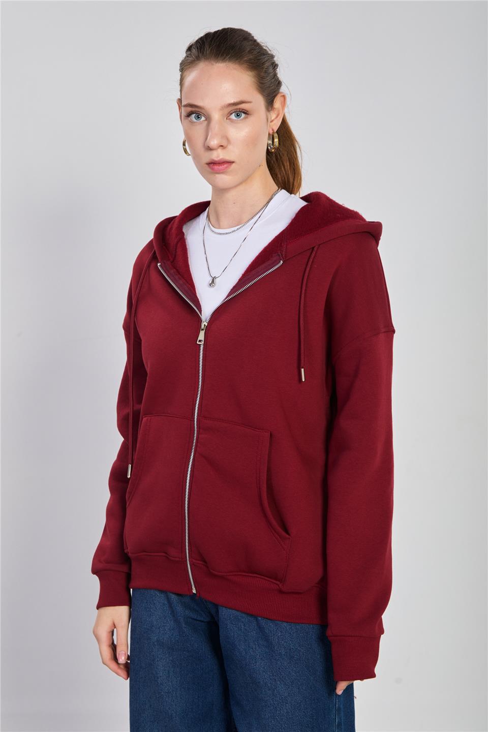 Kadın Kapüşonlu Fermuarlı Sweatshirt - Vişne