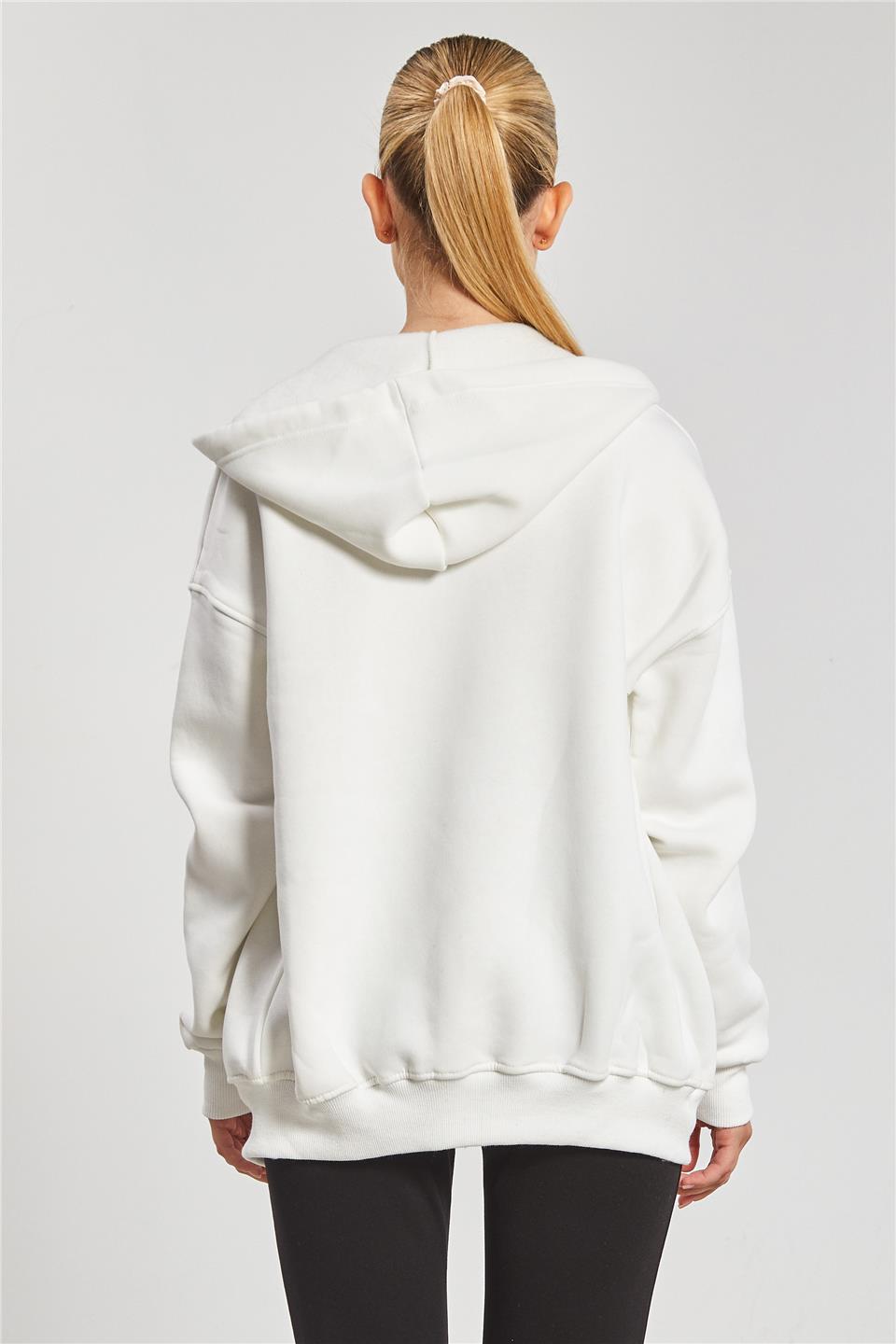 Kapüşonlu Fermuarlı Kadın Sweatshirt - Ekru