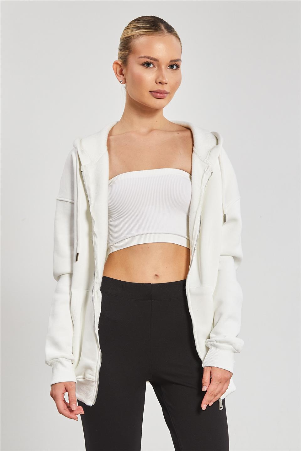 Kapüşonlu Fermuarlı Kadın Sweatshirt - Ekru