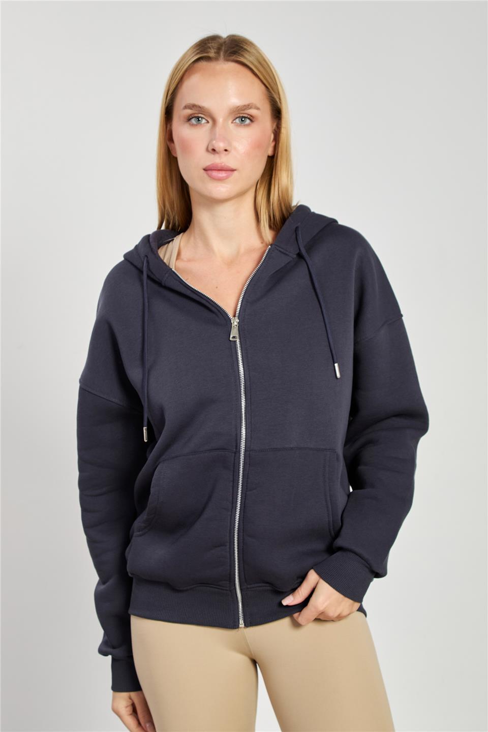 Kadın Kapüşonlu Fermuarlı Sweatshirt - Antrasit