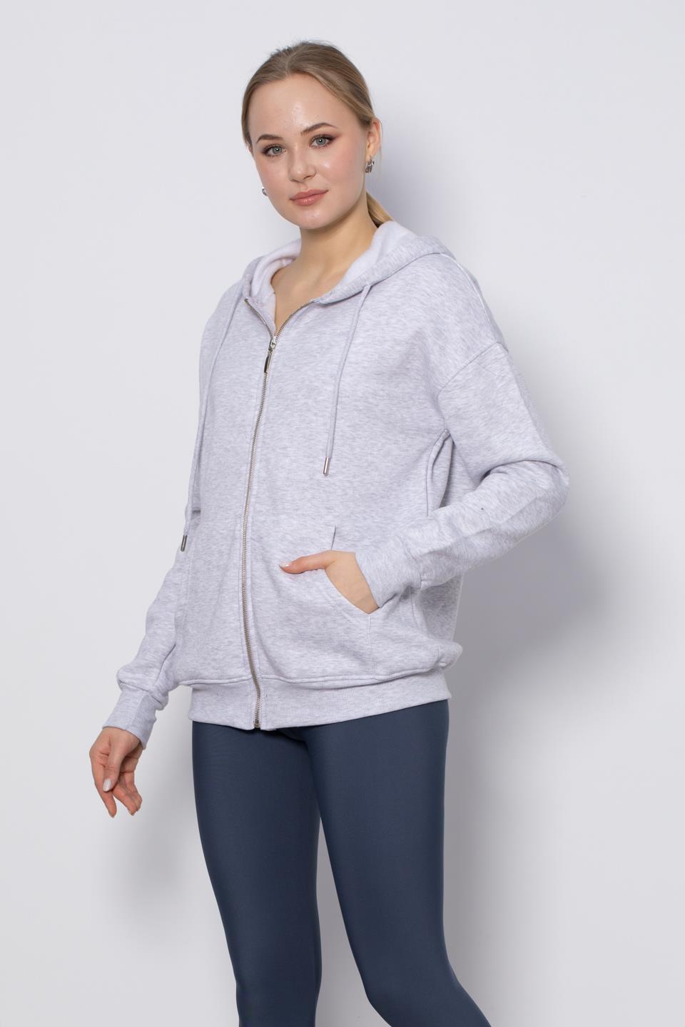 Kapüşonlu Fermuarlı Sweatshirt - Kar Melanj