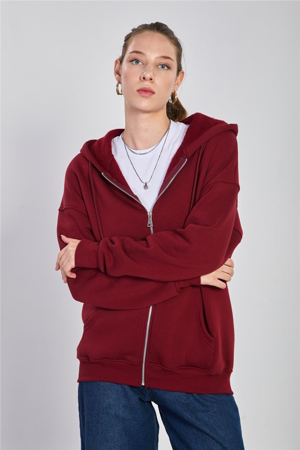 Kadın Kapüşonlu Fermuarlı Sweatshirt - Vişne