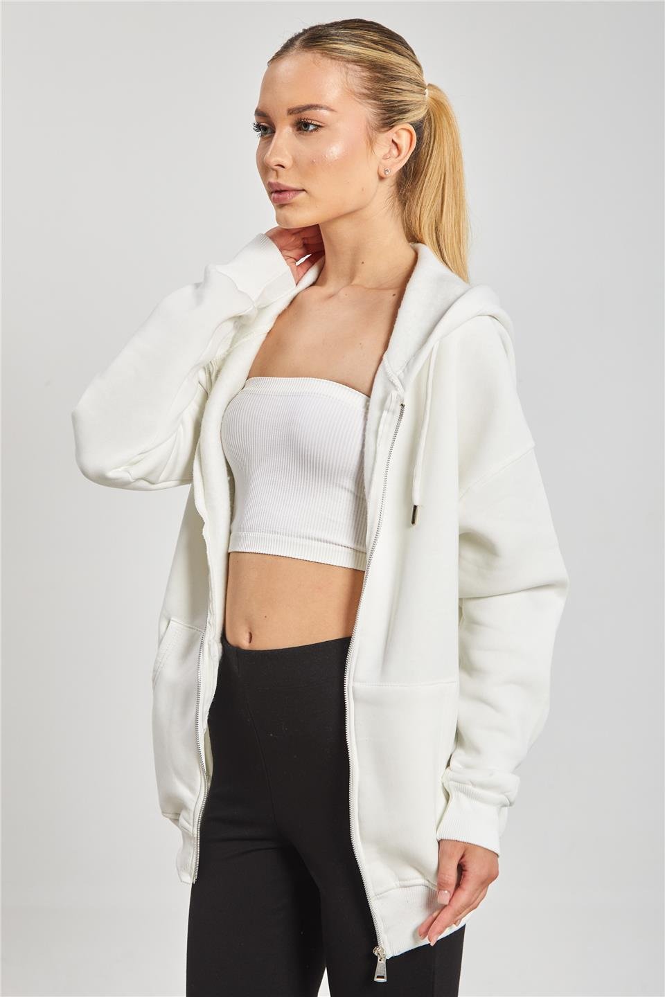 Kapüşonlu Fermuarlı Kadın Sweatshirt - Ekru