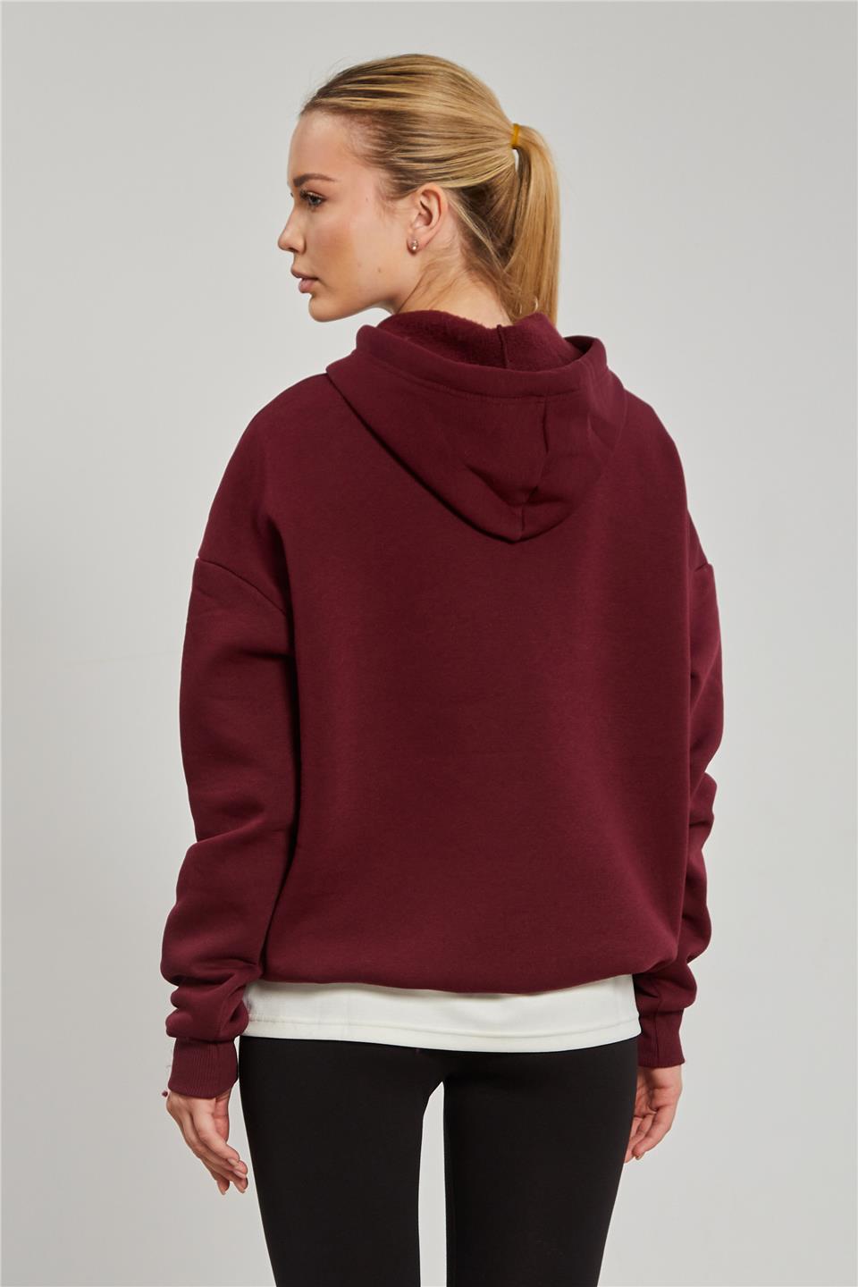 Kadın Kapüşonlu Kanguru Cep Sweatshirt - Bordo