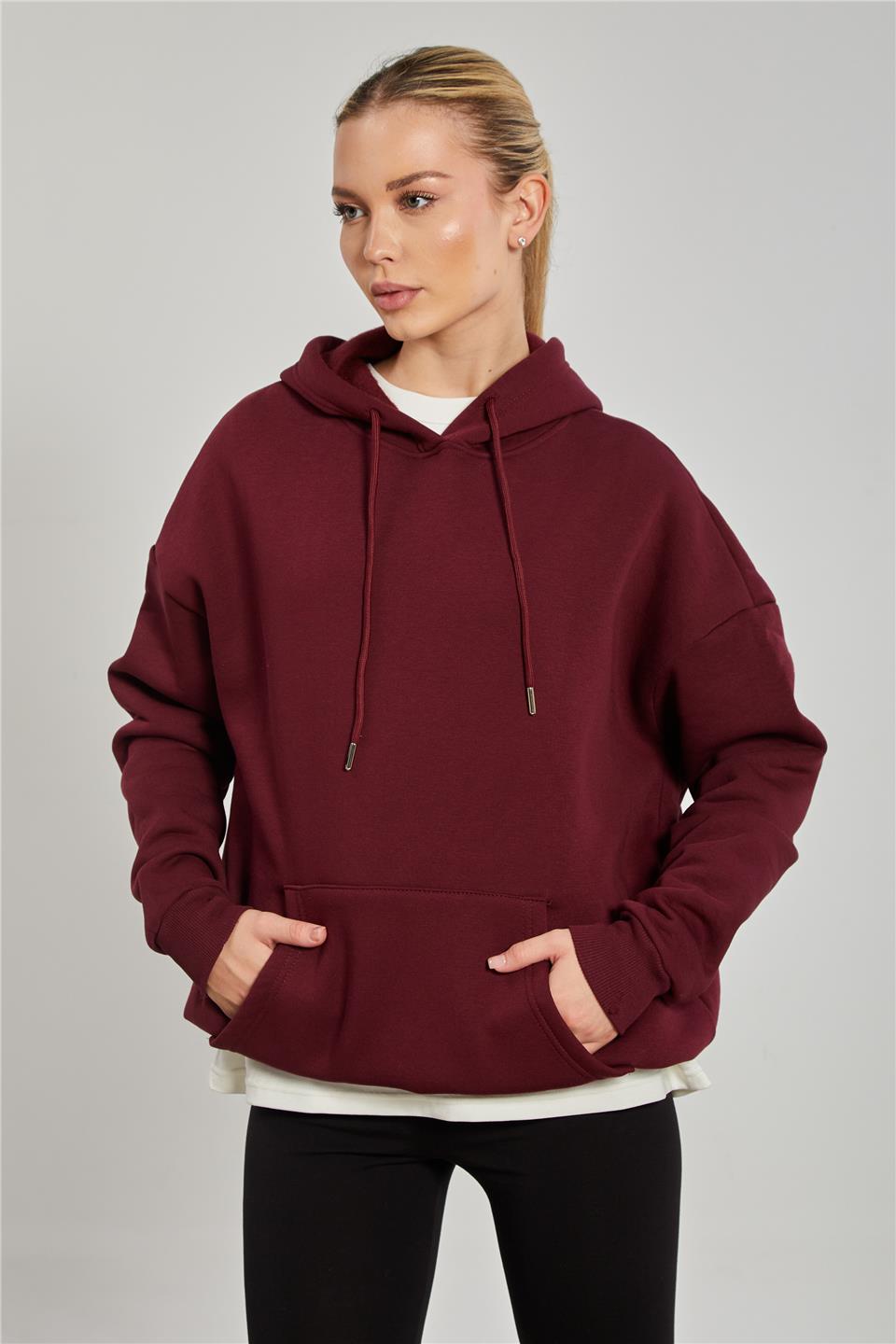 Kadın Kapüşonlu Kanguru Cep Sweatshirt - Bordo