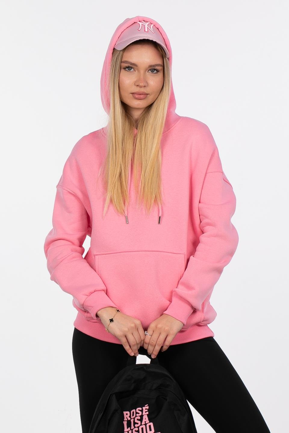 Kadın Kapüşonlu Kanguru Cep Sweatshirt - Pembe