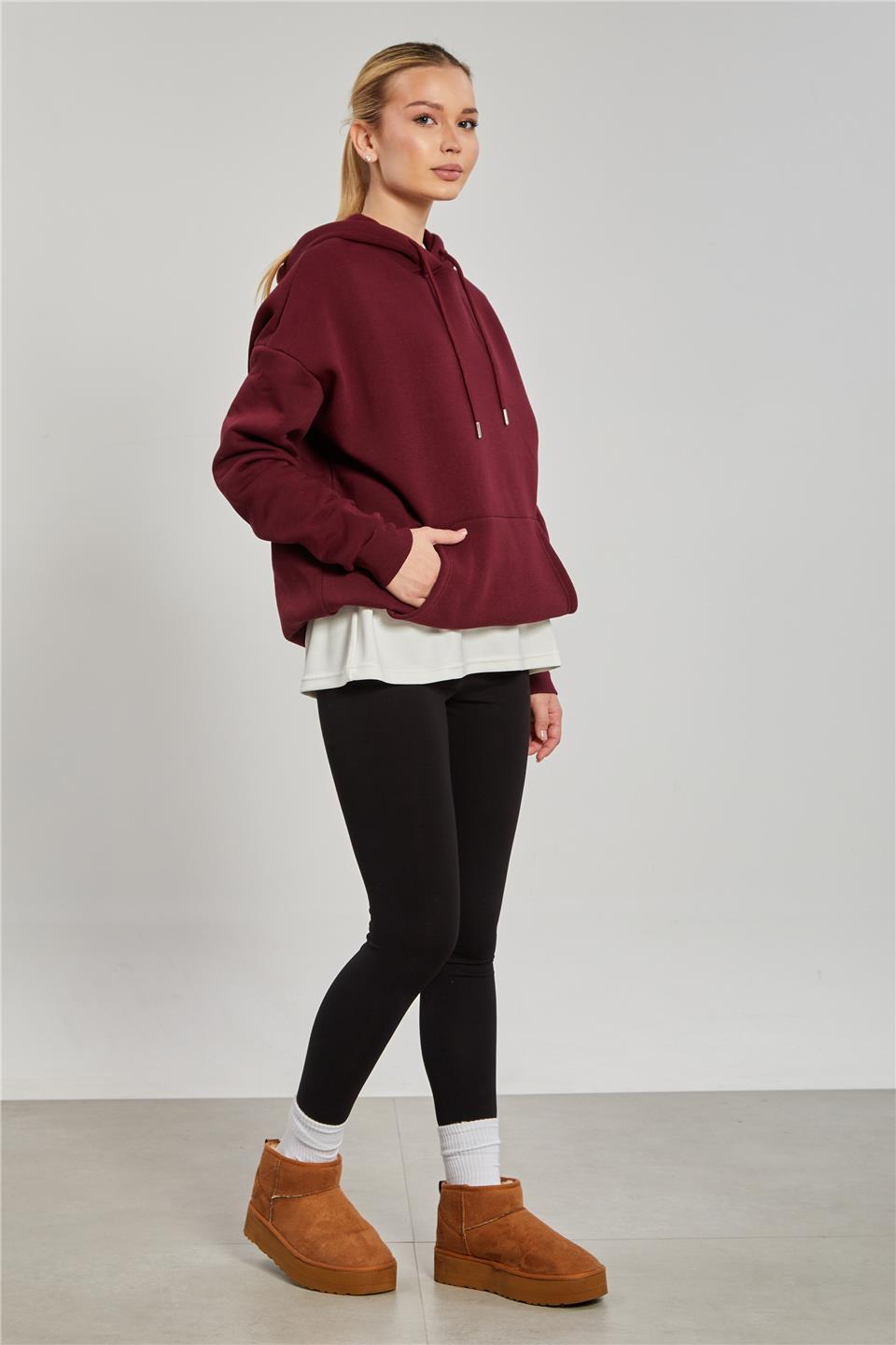 Kadın Kapüşonlu Kanguru Cep Sweatshirt - Bordo