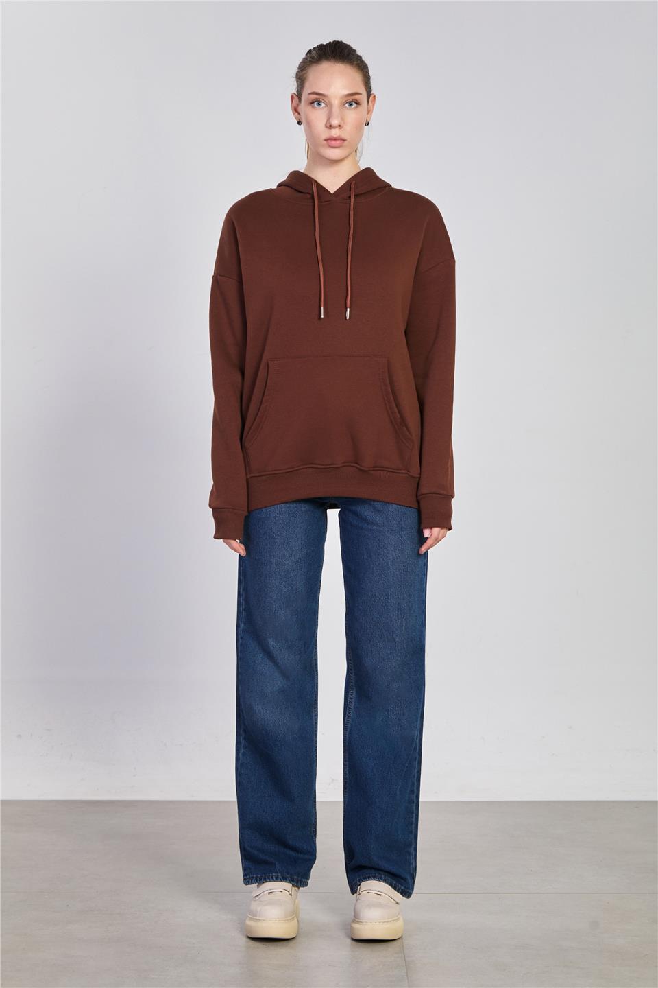 Kadın Kapüşonlu Kanguru Cepli Sweatshirt - Kahve