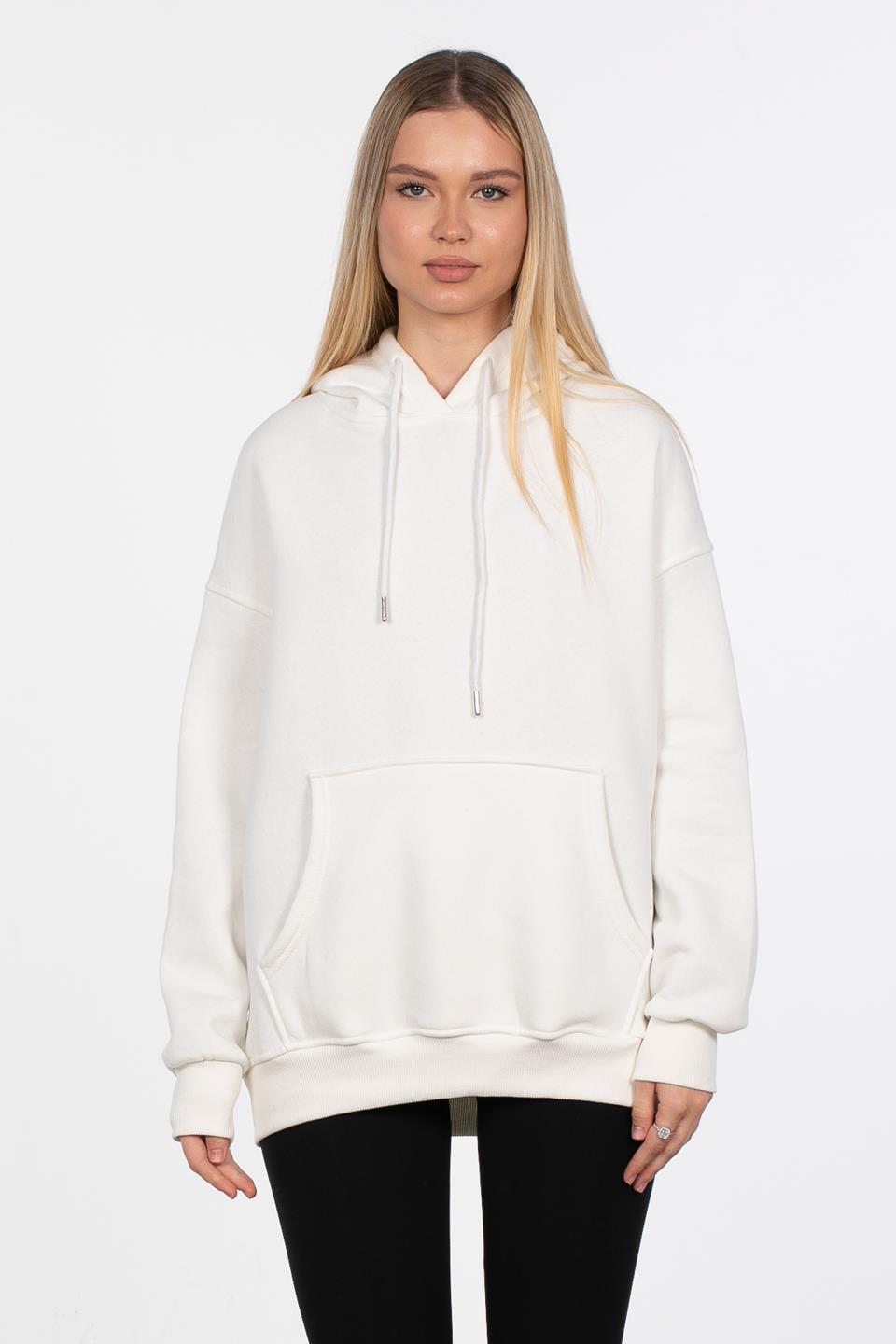 Kapüşonlu Kanguru Cepli Sweatshirt - Ekru