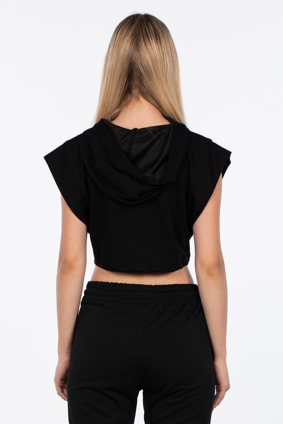Kapüşonlu Kolsuz Crop Sweatshirt - Siyah