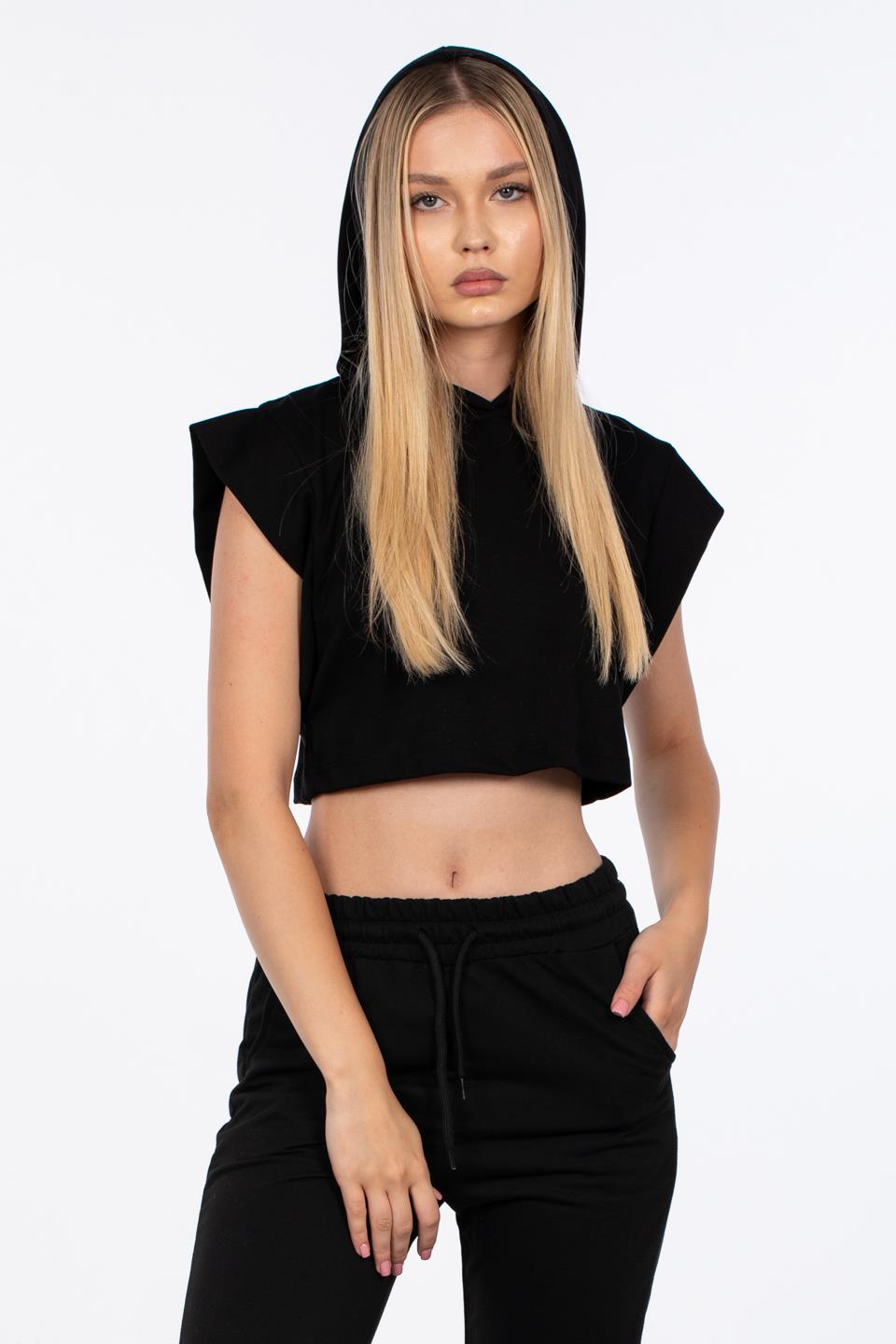 Kapüşonlu Kolsuz Crop Sweatshirt - Siyah
