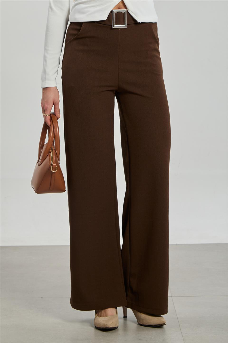 Kadın Kemer Detaylı Bol Pantolon - Kahve